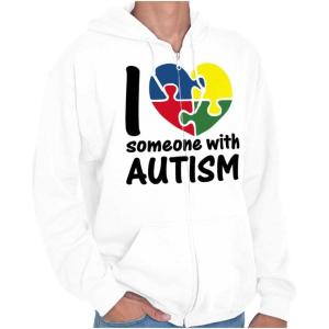 Brisco Brands I Love Someone with Autism Puzzle Zip Up Hoodie Mens Womens(White)