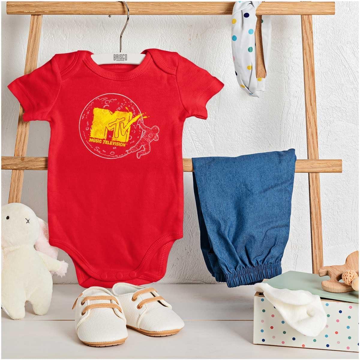 imageBrisco Brands Retro MTV Logo Moon Man Graffiti Baby Romper Boys or GirlsRed