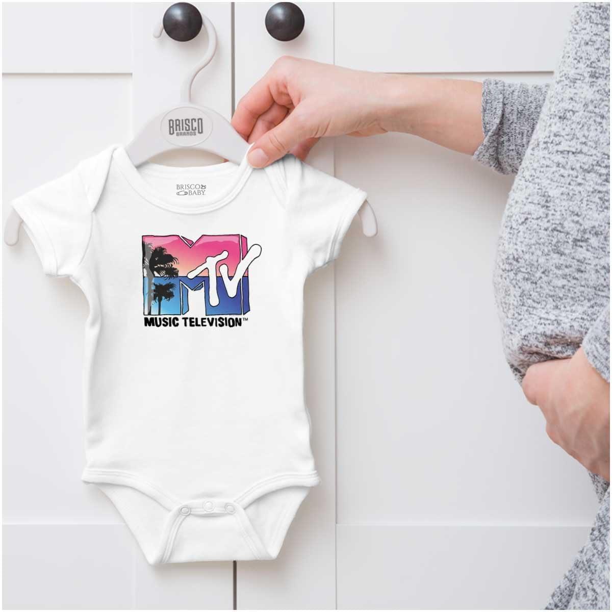 imageBrisco Brands Retro MTV Palm Tree Paradise Logo Baby Romper Boys or GirlsWhite