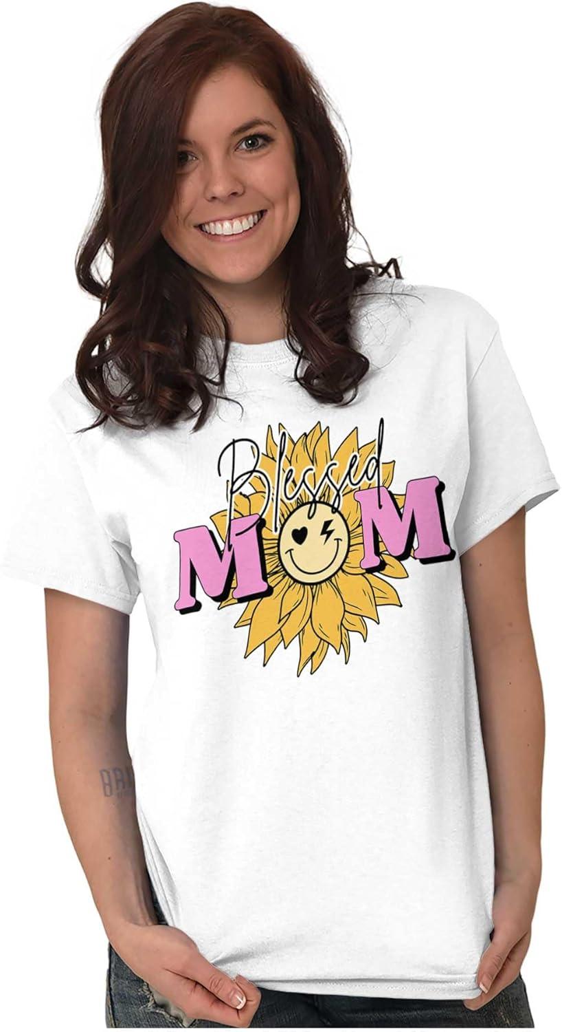 imageMothers Day Funny Mom Floral Mama Graphic Tee Shirt for WomenWhite Blessed Mom Face
