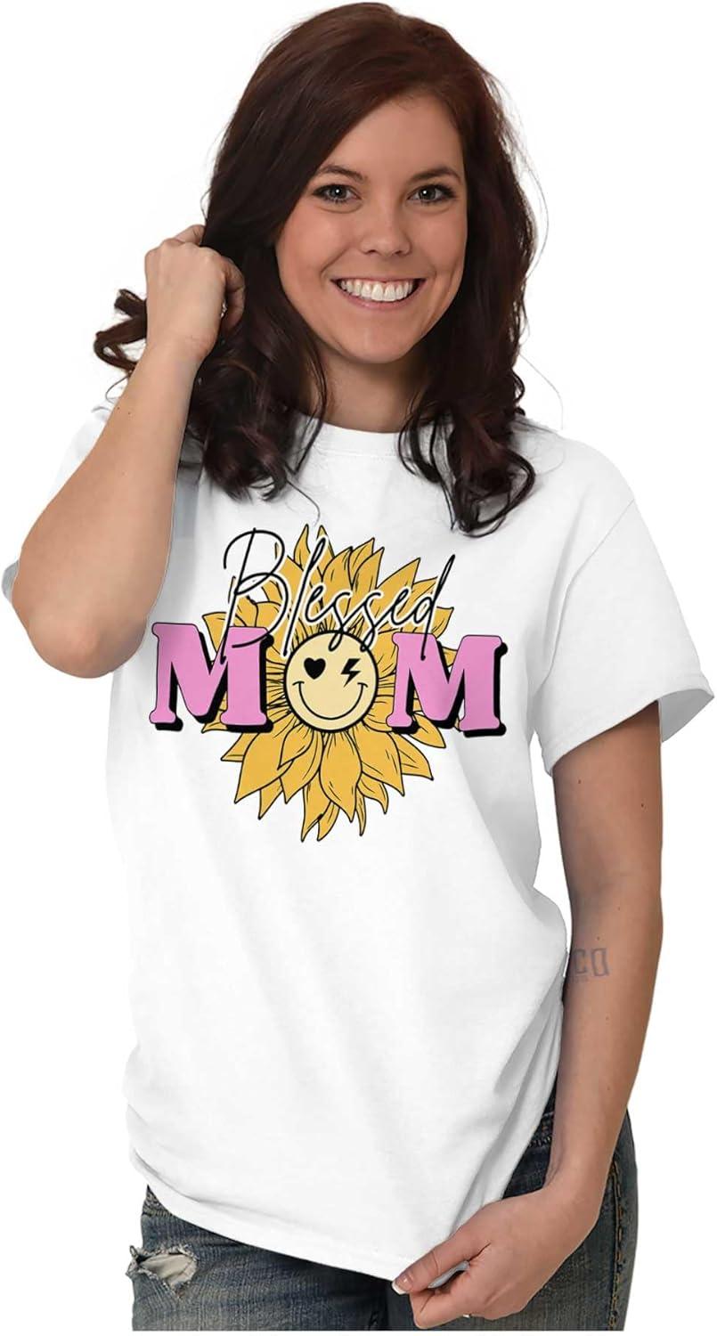 imageMothers Day Funny Mom Floral Mama Graphic Tee Shirt for WomenWhite Blessed Mom Face