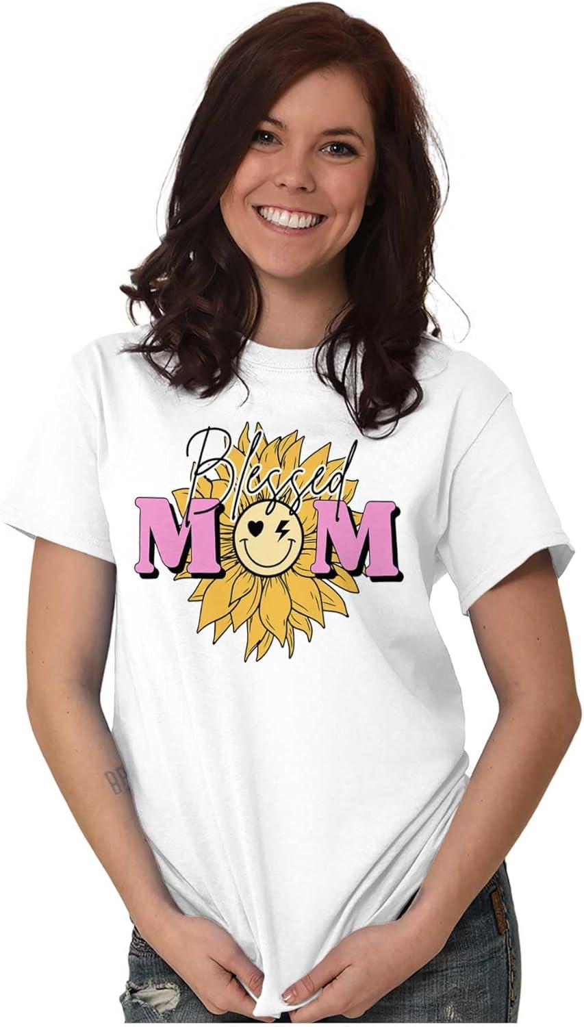 imageMothers Day Funny Mom Floral Mama Graphic Tee Shirt for WomenWhite Blessed Mom Face