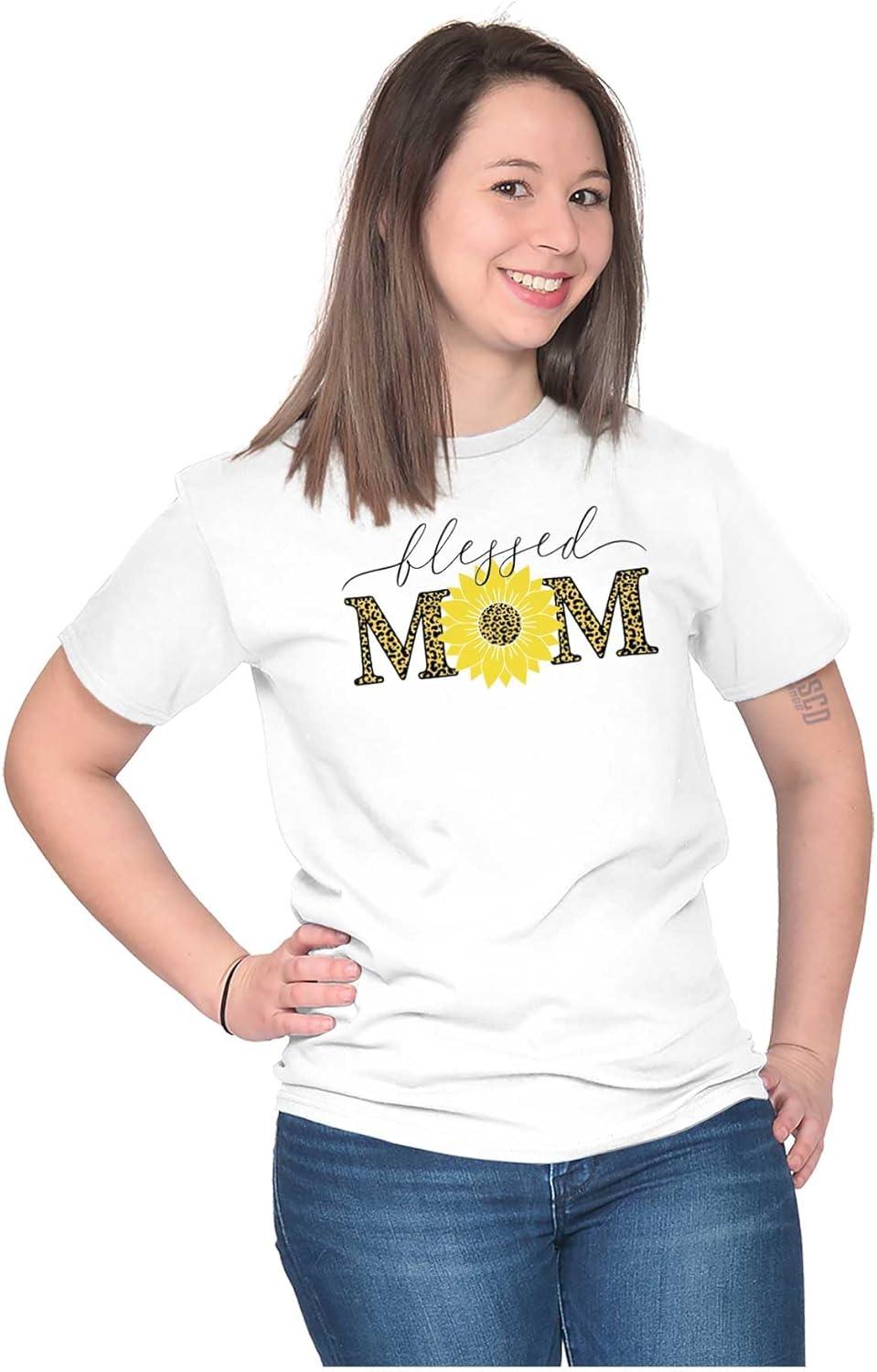imageMothers Day Funny Mom Floral Mama Graphic Tee Shirt for WomenWhite Blessed Mom Sunflower