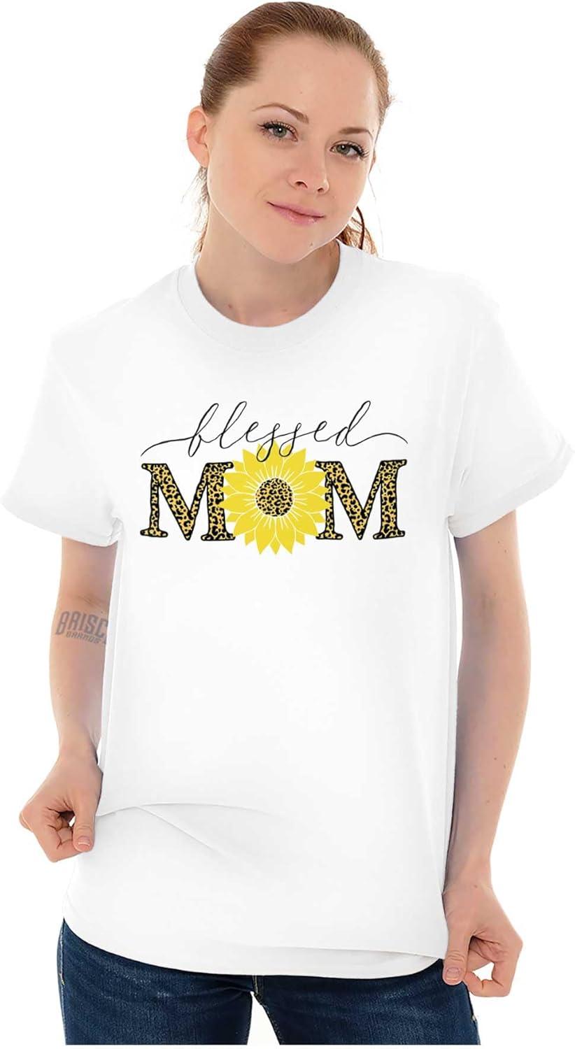 imageMothers Day Funny Mom Floral Mama Graphic Tee Shirt for WomenWhite Blessed Mom Sunflower