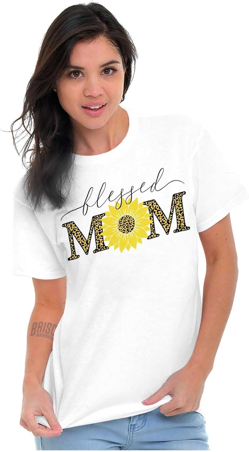 imageMothers Day Funny Mom Floral Mama Graphic Tee Shirt for WomenWhite Blessed Mom Sunflower