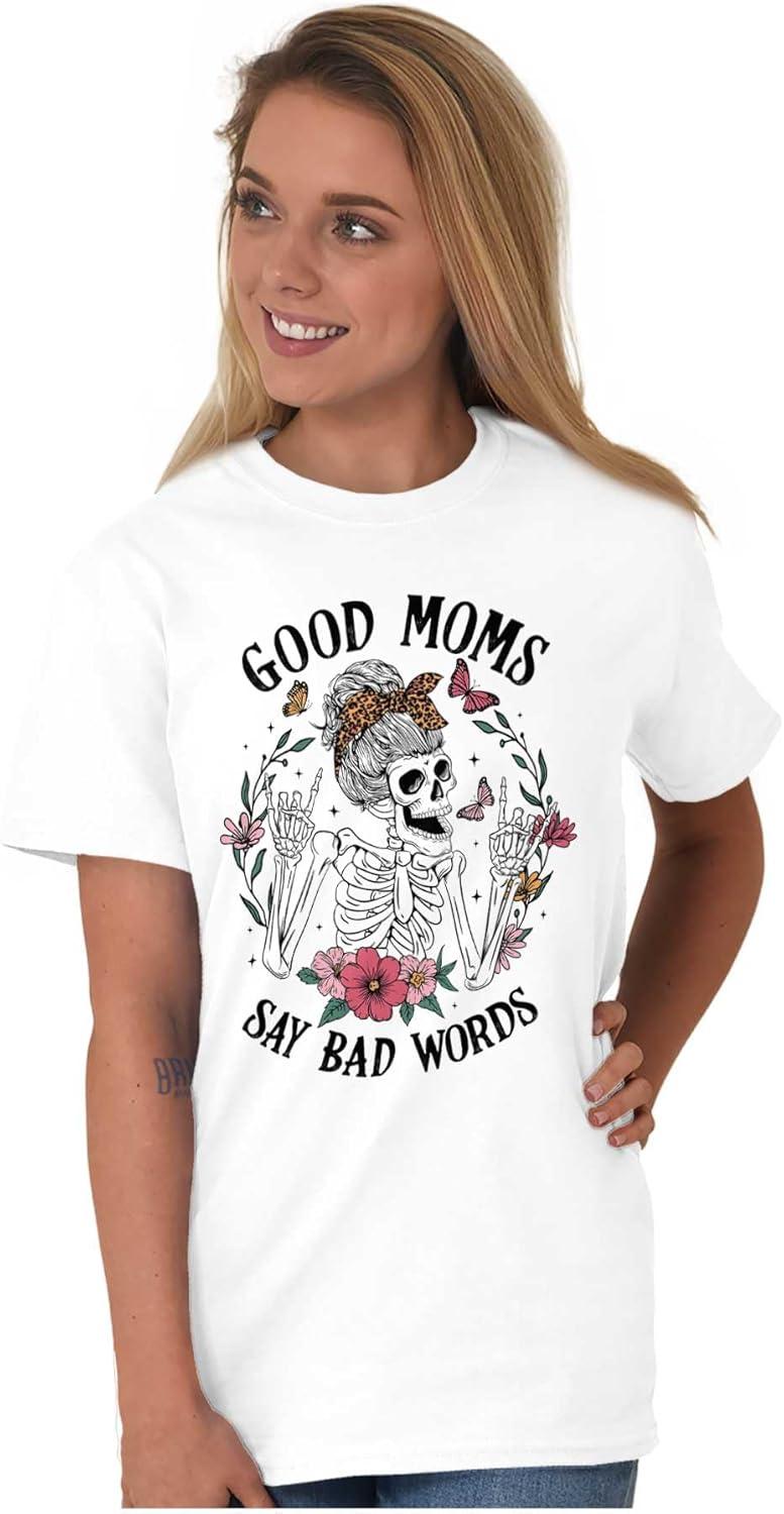 imageMothers Day Funny Mom Floral Mama Graphic Tee Shirt for WomenWhite Good Moms Bad Words