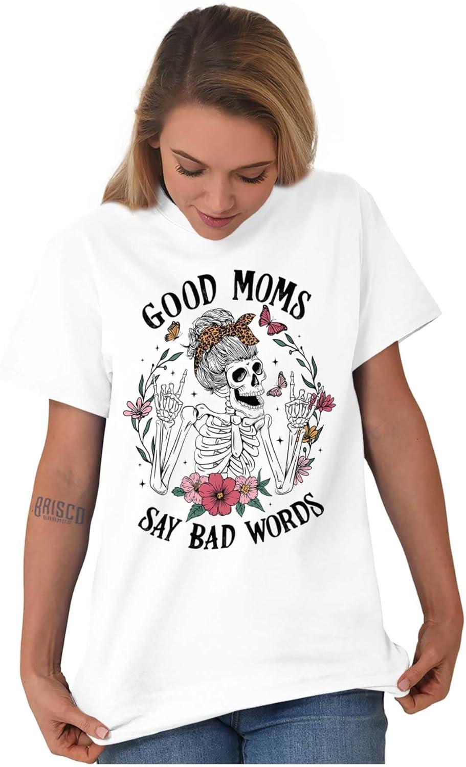 imageMothers Day Funny Mom Floral Mama Graphic Tee Shirt for WomenWhite Good Moms Bad Words