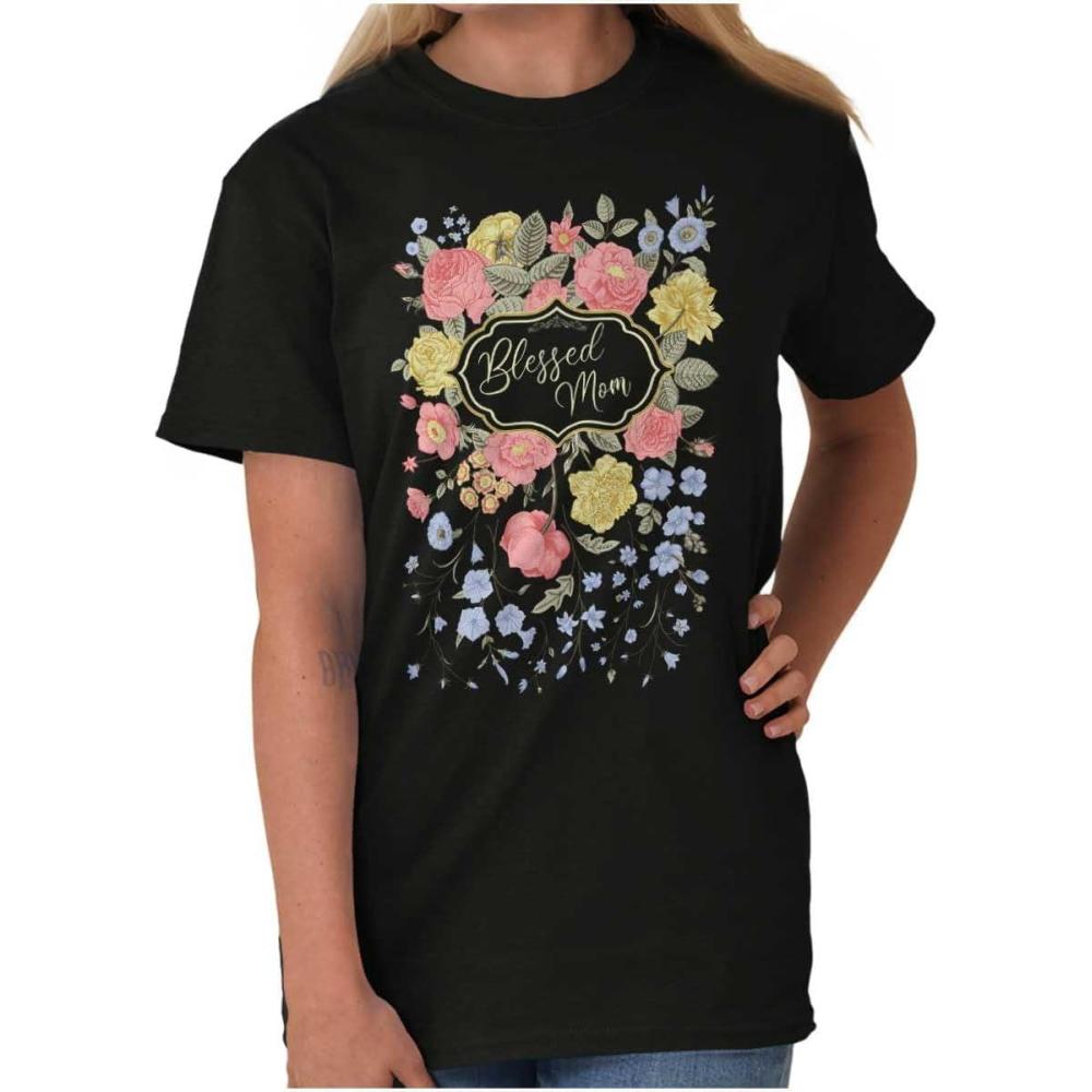 imageMothers Day Funny Mom Floral Mama Graphic Tee Shirt for WomenBlack Blessed Mom Florals