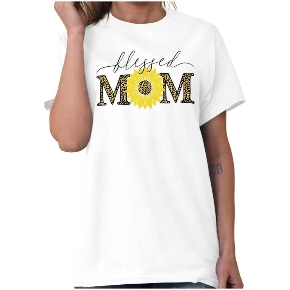 imageMothers Day Funny Mom Floral Mama Graphic Tee Shirt for WomenWhite Blessed Mom Sunflower