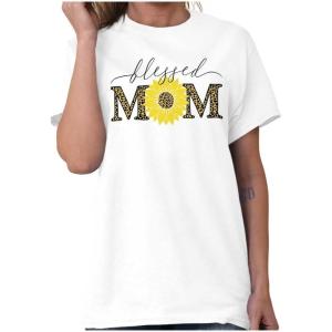 Mother’s Day Funny Mom Floral Mama Graphic Tee Shirt for Women(White – Blessed Mom Sunflower)
