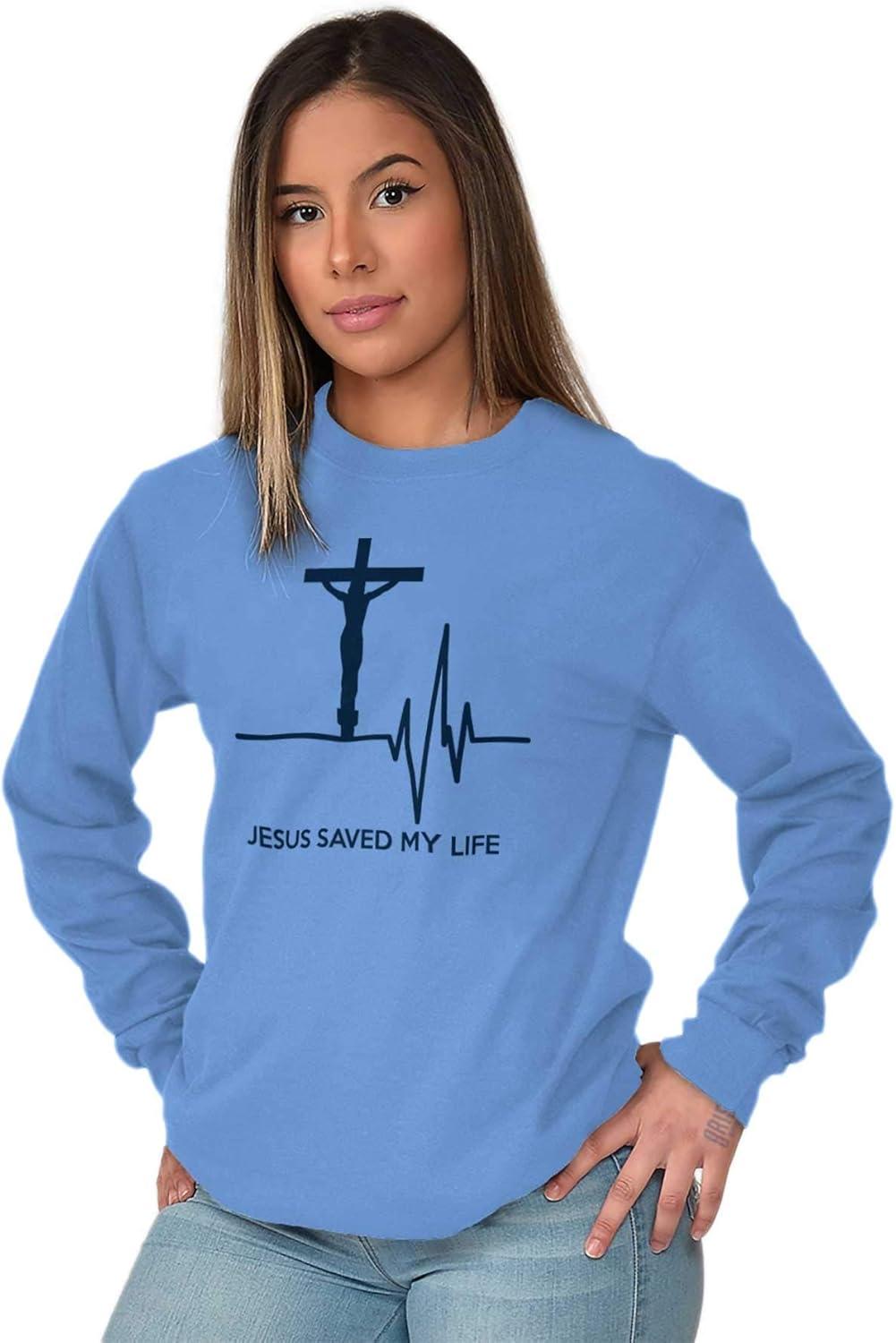 imageChristian Strong Jesus Saved My Life Crucifix Long Sleeve TShirt Men Women Carolina Blue