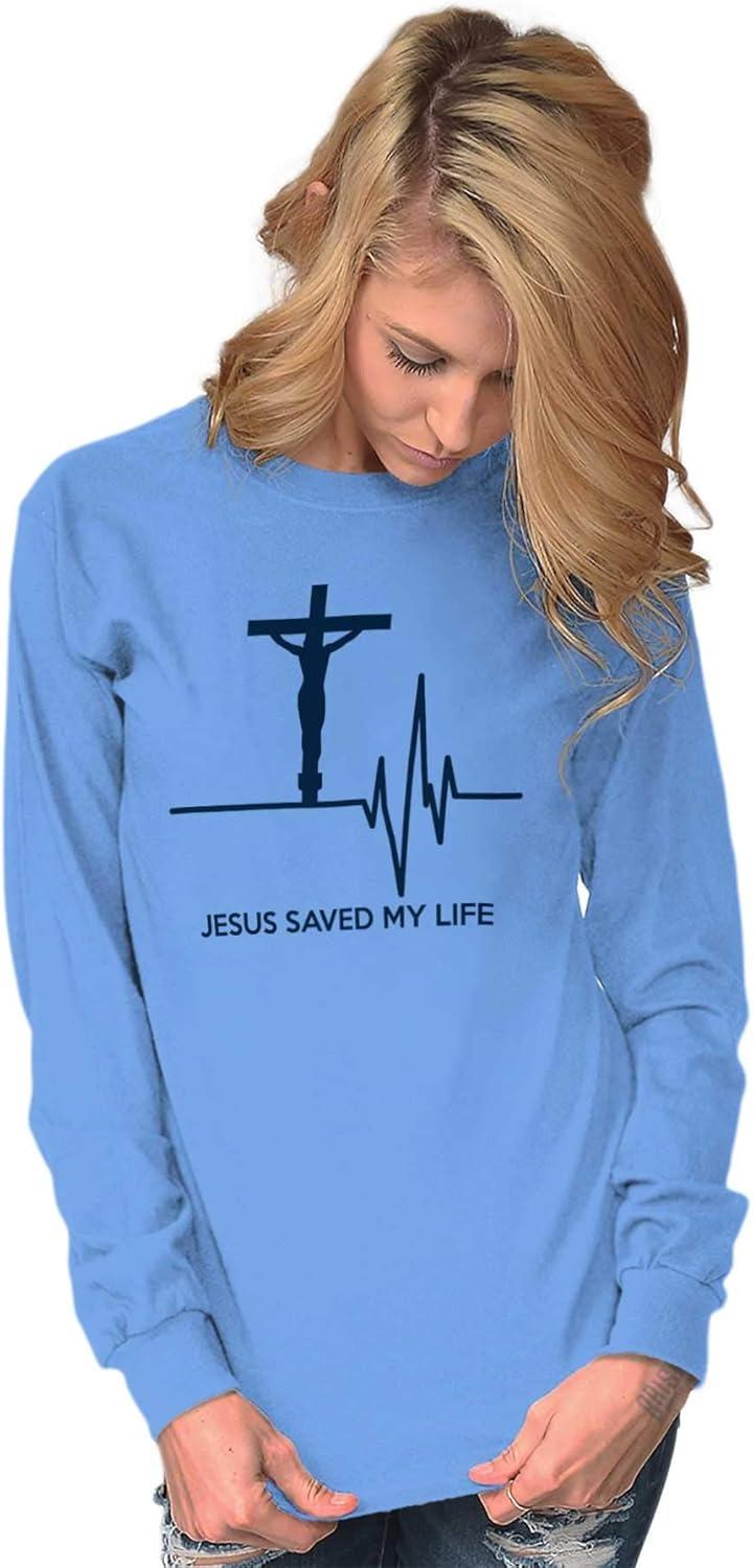 imageChristian Strong Jesus Saved My Life Crucifix Long Sleeve TShirt Men Women Carolina Blue