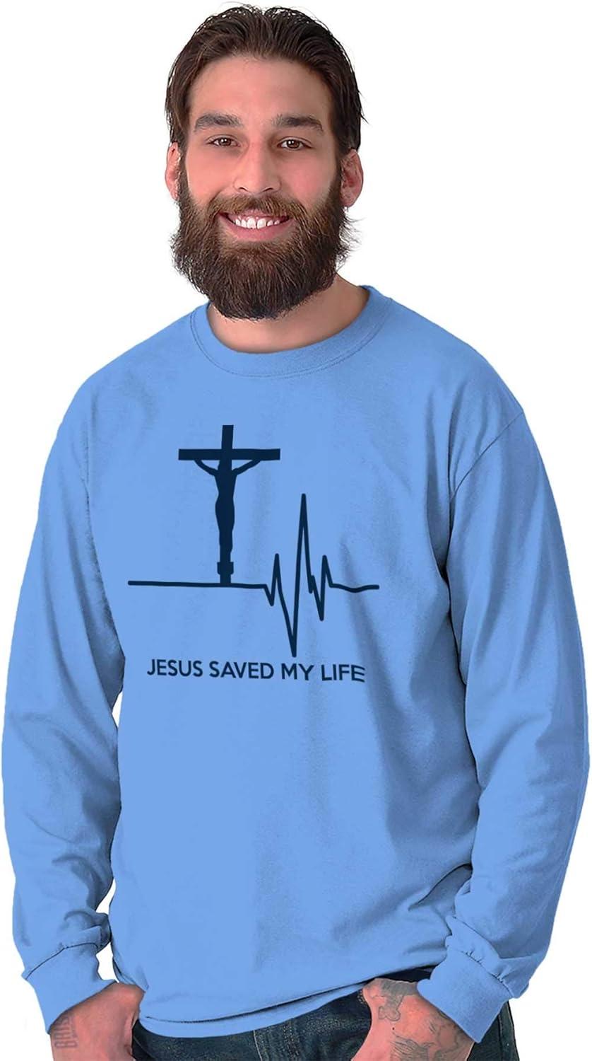 imageChristian Strong Jesus Saved My Life Crucifix Long Sleeve TShirt Men Women Carolina Blue
