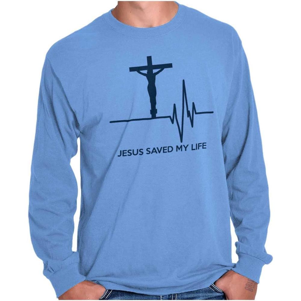 imageChristian Strong Jesus Saved My Life Crucifix Long Sleeve TShirt Men Women Carolina Blue