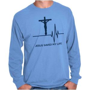 Christian Strong Jesus Saved My Life Crucifix Long Sleeve TShirt Men Women Carolina Blue
