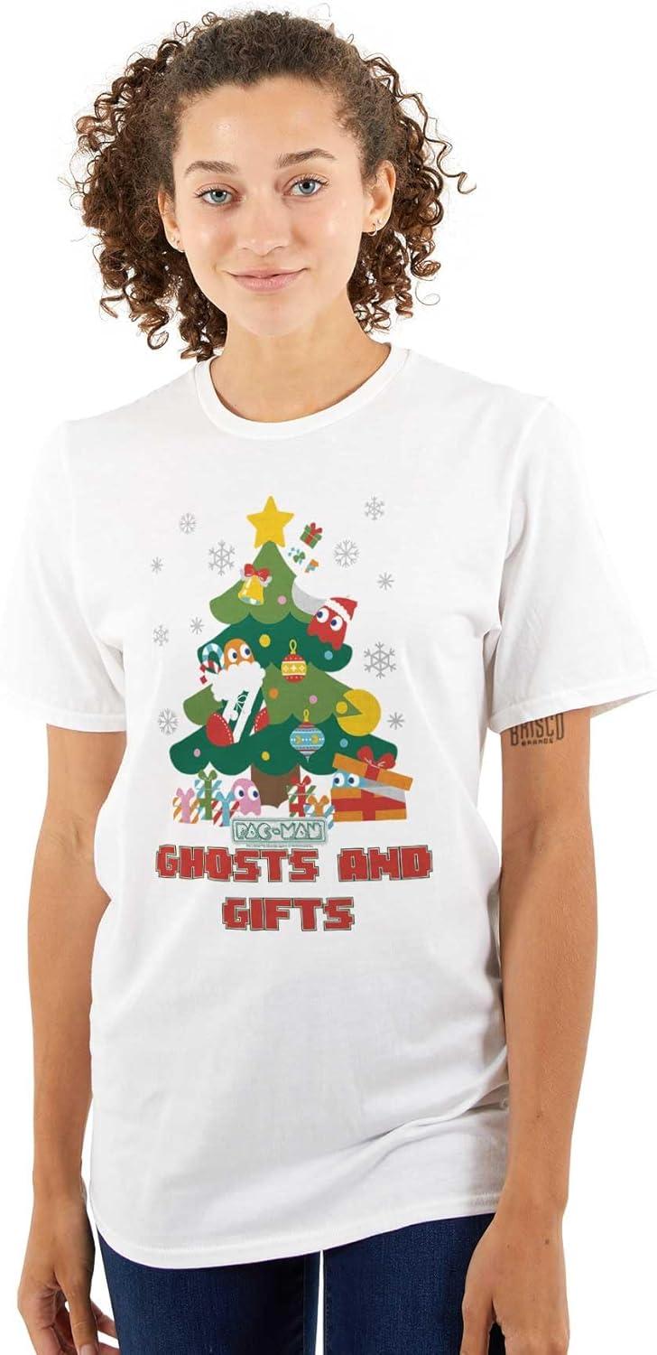 imageBrisco Brands Pacman Christmas Tree Ghost and Gifts Graphic T Shirt Men or WomenWhite
