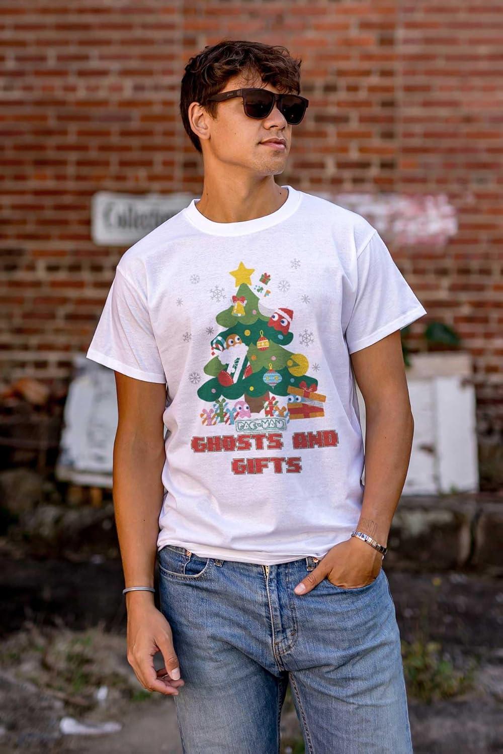imageBrisco Brands Pacman Christmas Tree Ghost and Gifts Graphic T Shirt Men or WomenWhite
