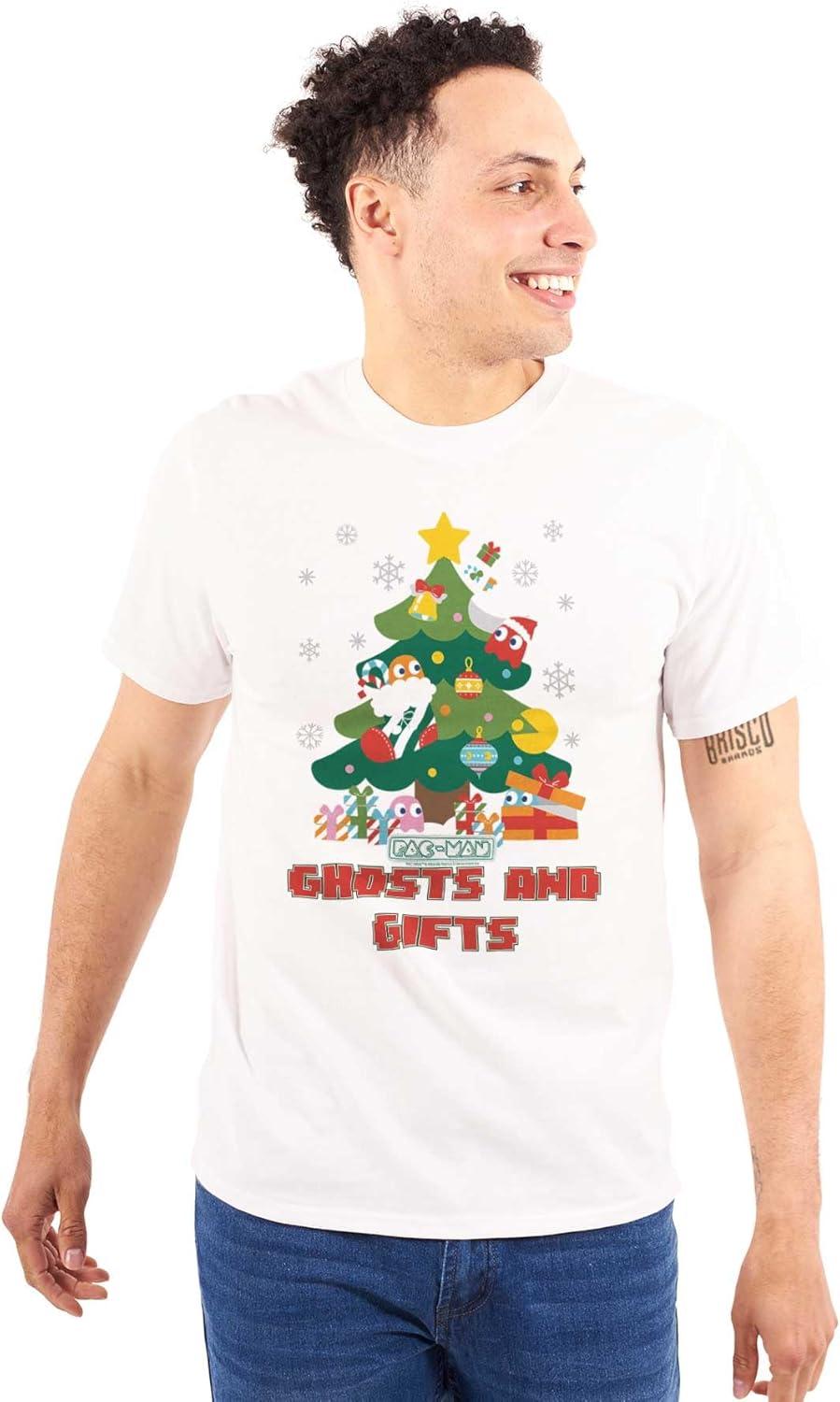 imageBrisco Brands Pacman Christmas Tree Ghost and Gifts Graphic T Shirt Men or WomenWhite