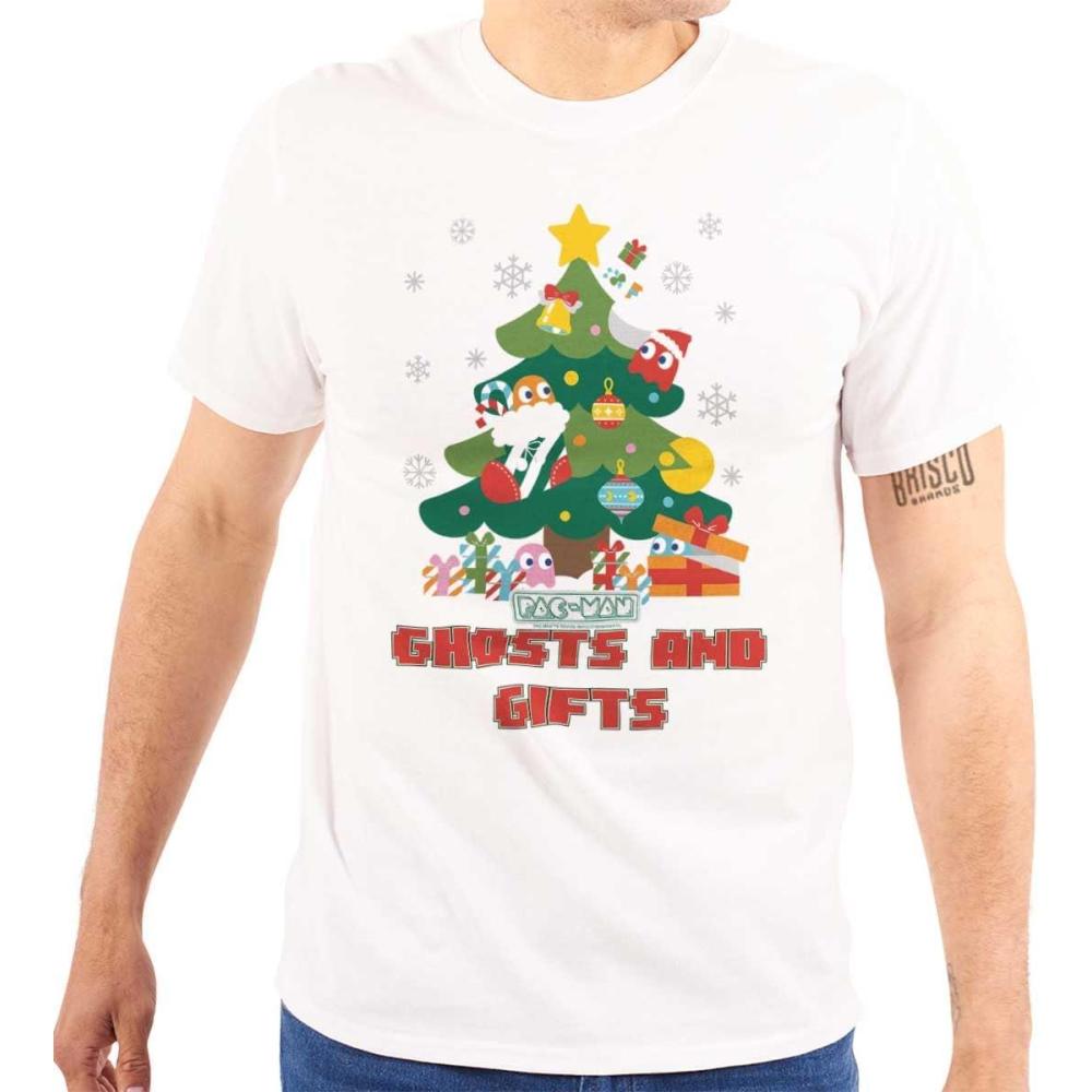 imageBrisco Brands Pacman Christmas Tree Ghost and Gifts Graphic T Shirt Men or WomenWhite