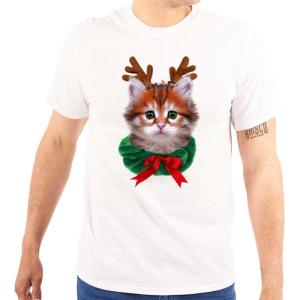 Brisco Brands Christmas Reindeer Kitten Adorable Graphic T Shirt Men or Women(White)