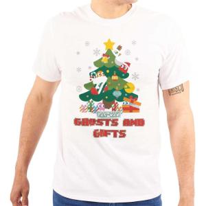 Brisco Brands Pacman Christmas Tree Ghost and Gifts Graphic T Shirt Men or Women(White)