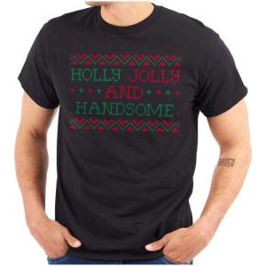 Brisco Brands Xmas Holly Jolly Handsome Pattern Graphic T Shirt Men or Women(Black)