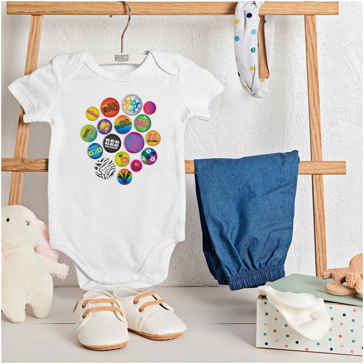 imageBrisco Brands 80s Retro MTV Logo Colorful Buttons Baby Romper Boys or GirlsWhite