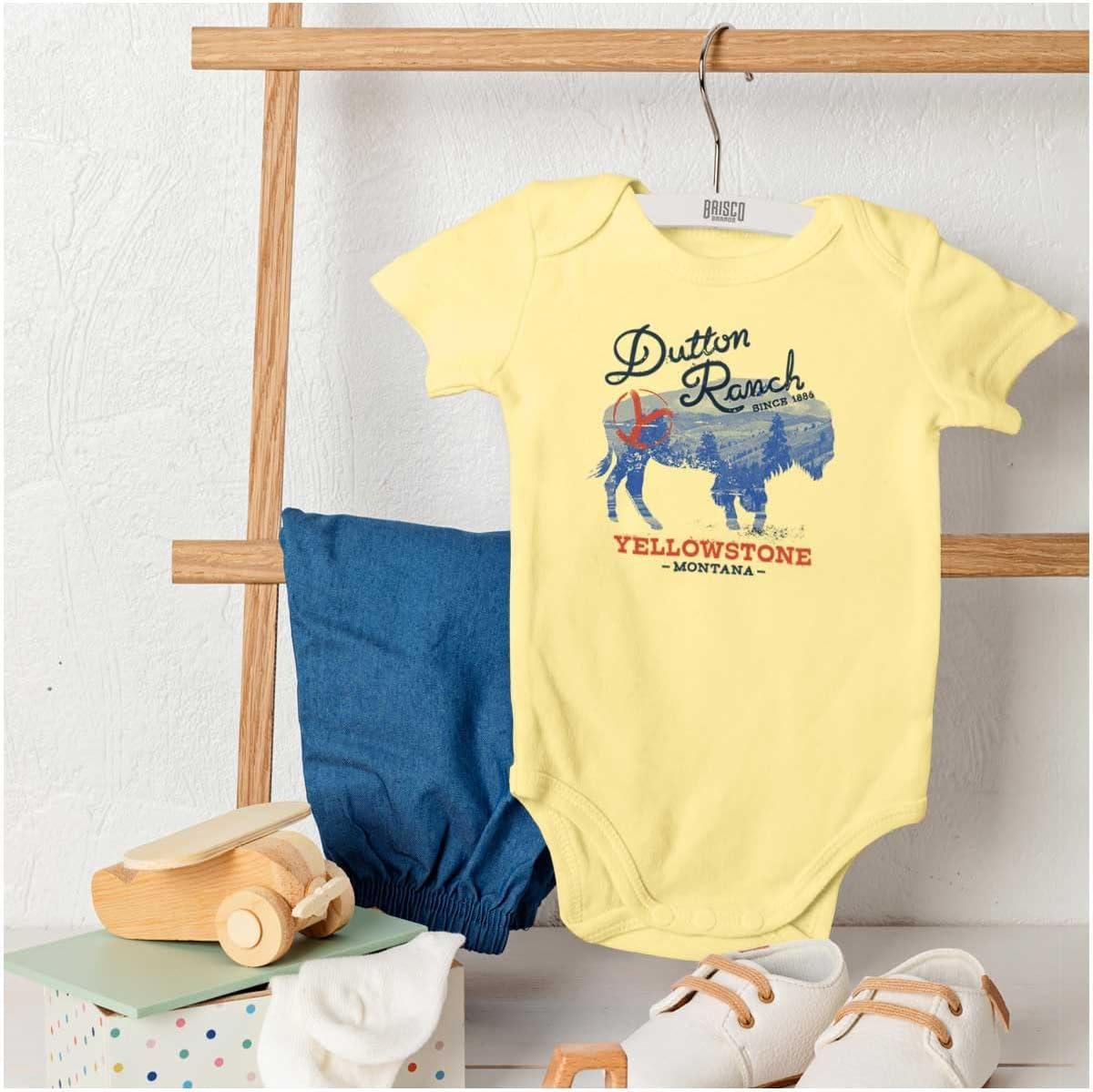 imageBrisco Brands Yellowstone Ranch Montana Buffalo Baby Romper Boys or GirlsBanana