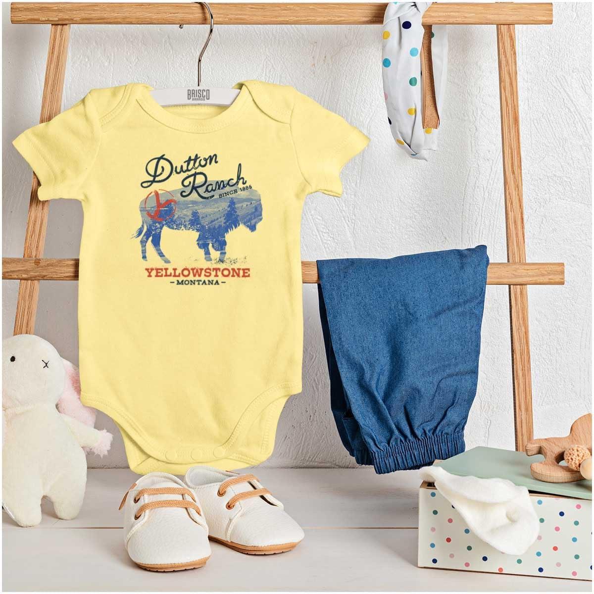 imageBrisco Brands Yellowstone Ranch Montana Buffalo Baby Romper Boys or GirlsBanana