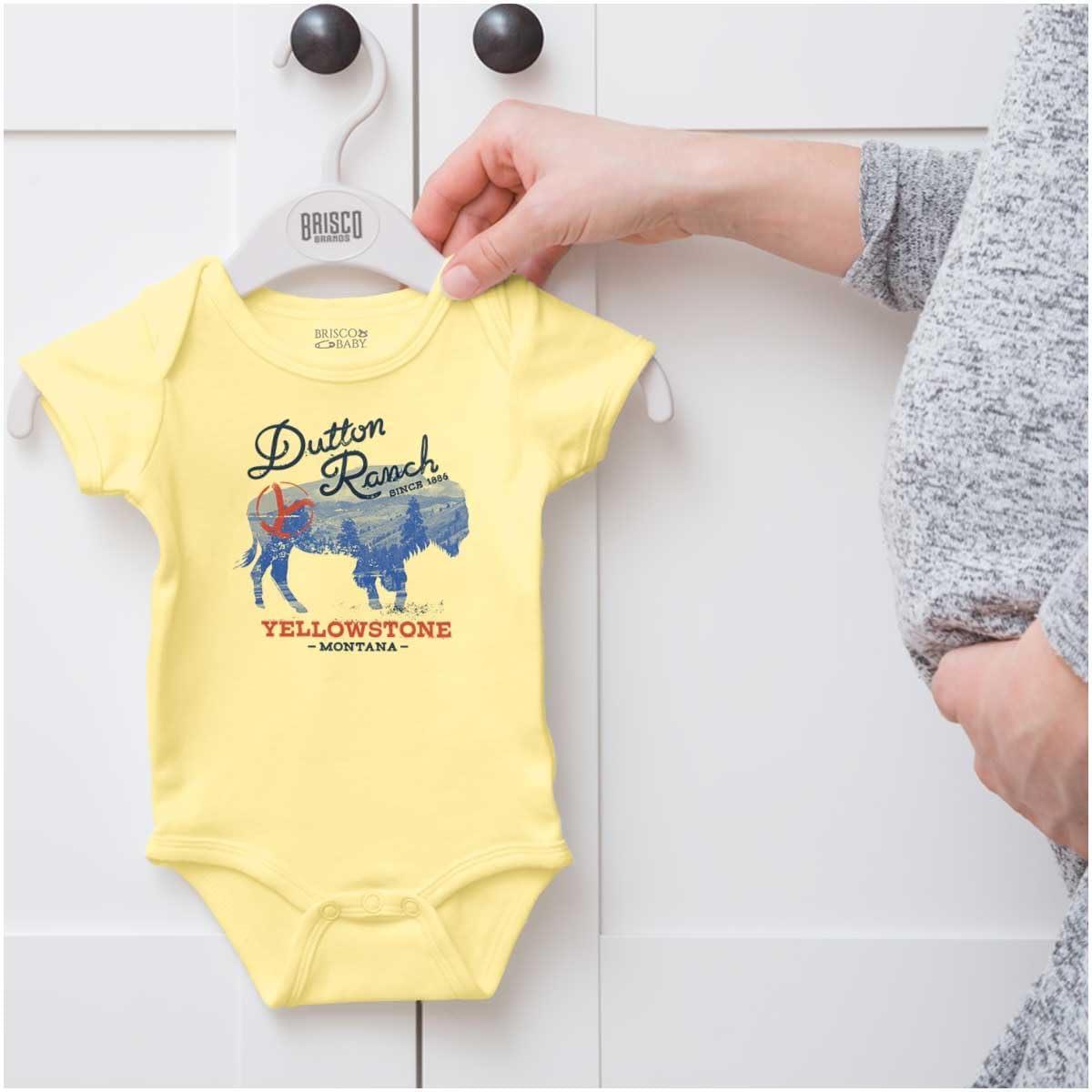 imageBrisco Brands Yellowstone Ranch Montana Buffalo Baby Romper Boys or GirlsBanana