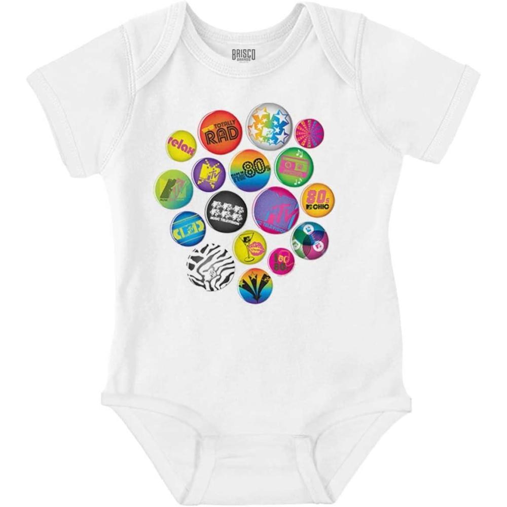 imageBrisco Brands 80s Retro MTV Logo Colorful Buttons Baby Romper Boys or GirlsWhite