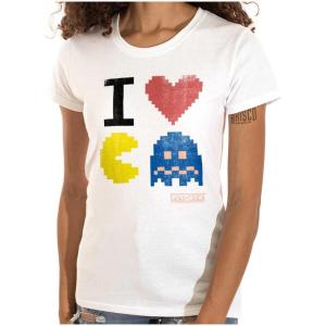 Pixelized Retro Game I Heart Pacman Womens Slim Fit Graphic Tee(White)