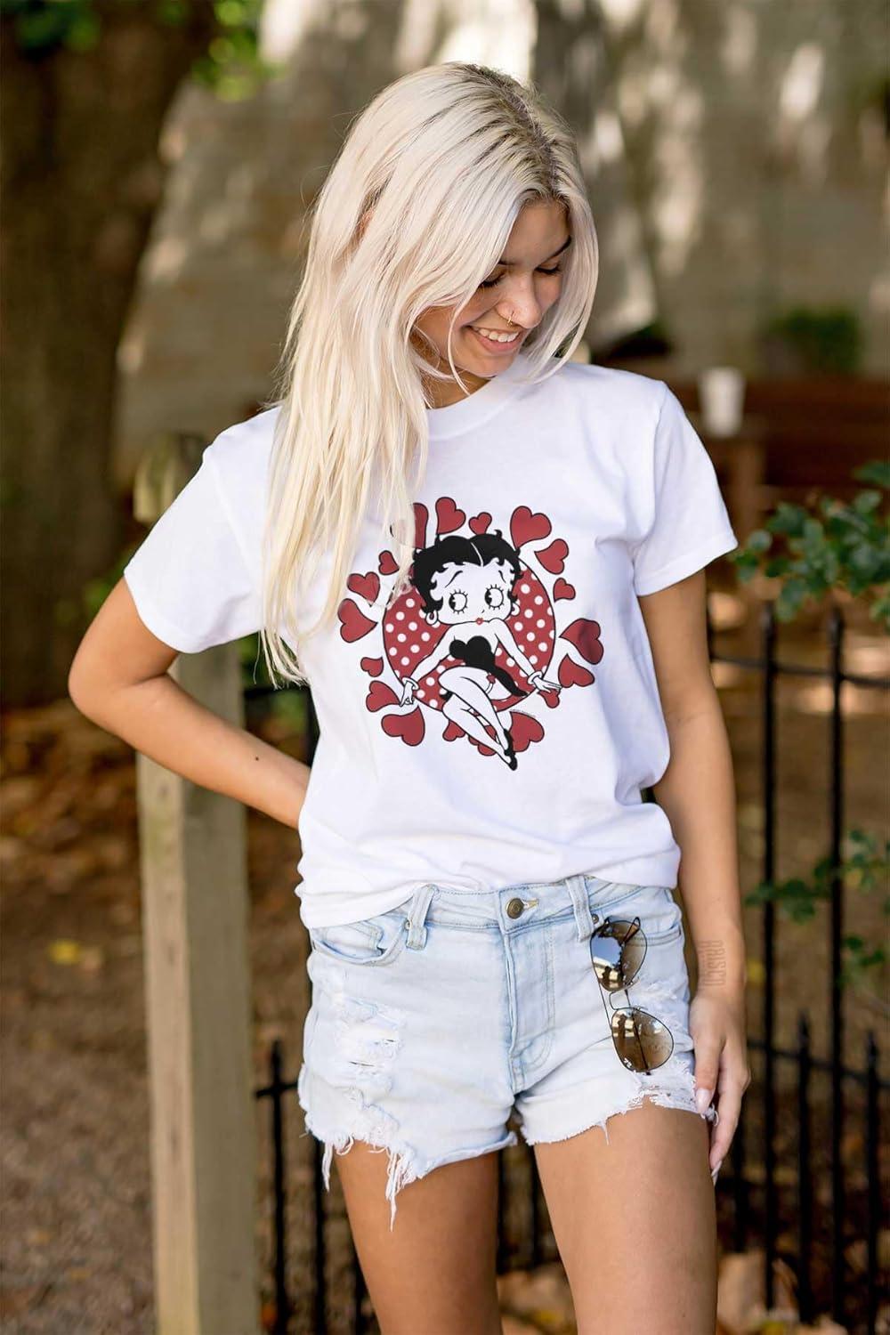 imageBetty Boop Surrounded by Love Hearts Womens Graphic T Shirt TeesWhite