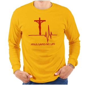 Christian Strong Jesus Saved My Life Crucifix Long Sleeve TShirt Men Women Gold