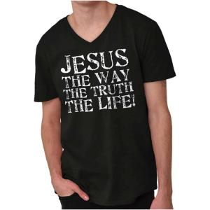 Jesus The Way Truth Life Christian V-Neck T Shirts Men Women, Black, L