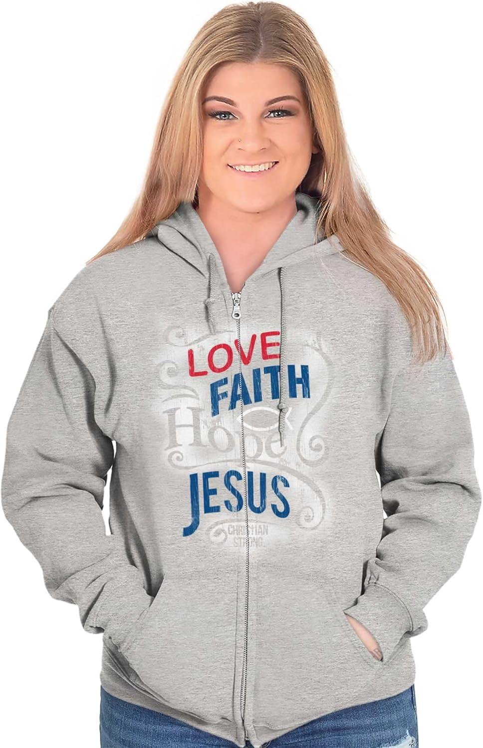 imageBrisco Brands Love Faith Hope Christian Belief Zip Up Hoodie Mens WomensSport Grey