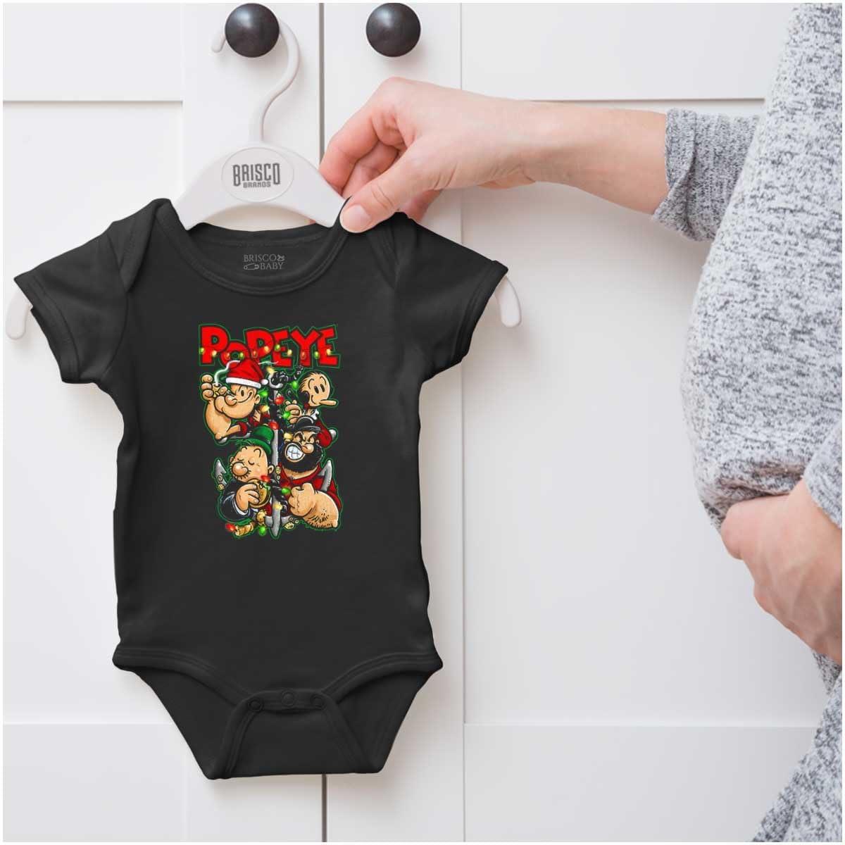 imageBrisco Brands Popeye Christmas Lights Crew Cartoon Baby Romper Boys or GirlsBlack
