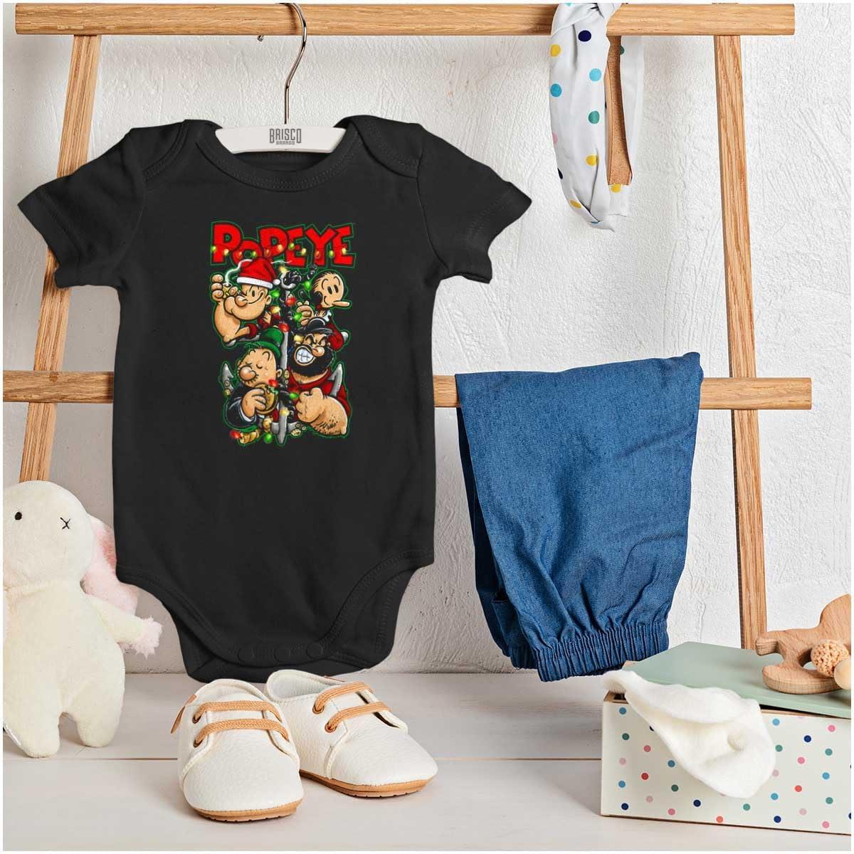 imageBrisco Brands Popeye Christmas Lights Crew Cartoon Baby Romper Boys or GirlsBlack