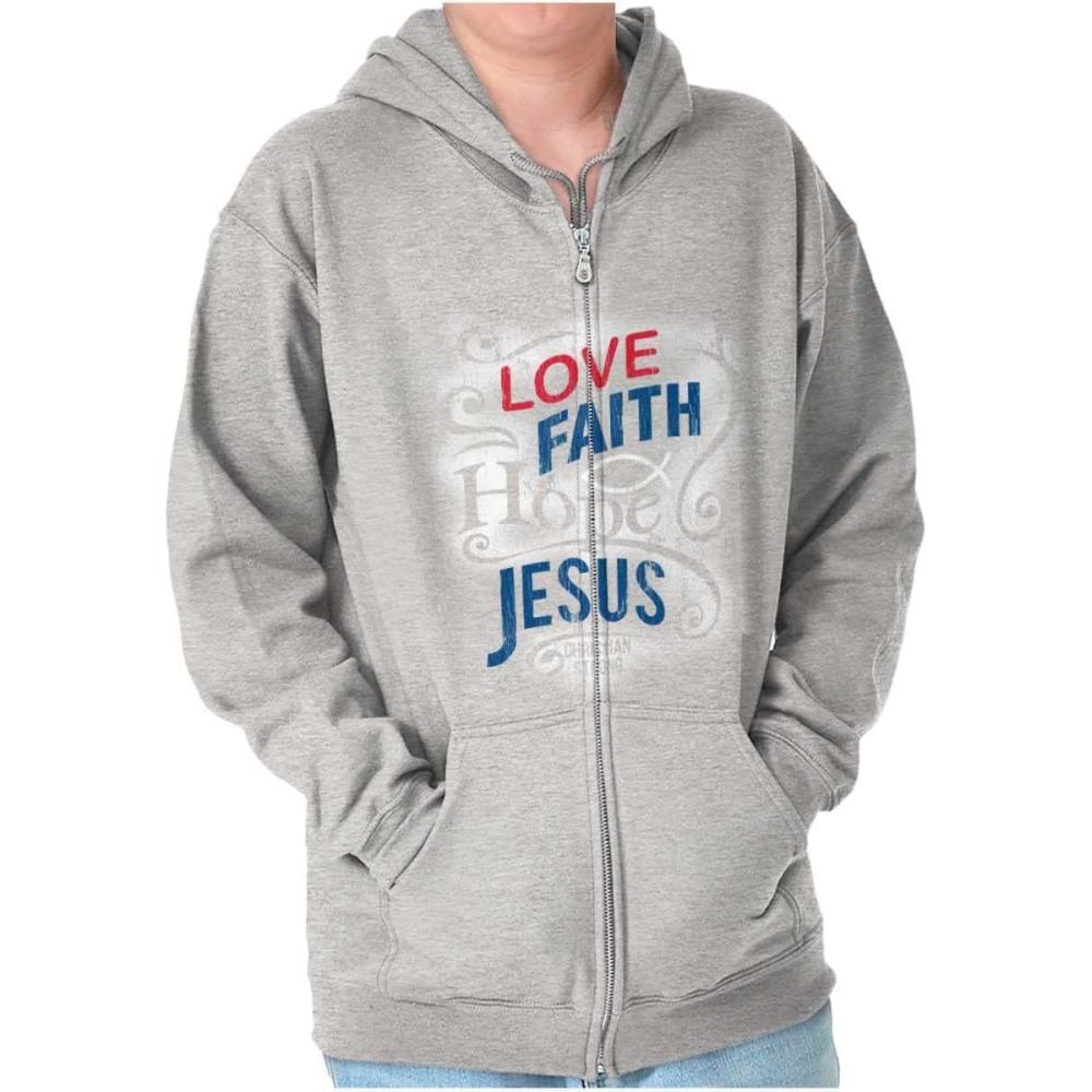 imageBrisco Brands Love Faith Hope Christian Belief Zip Up Hoodie Mens WomensSport Grey