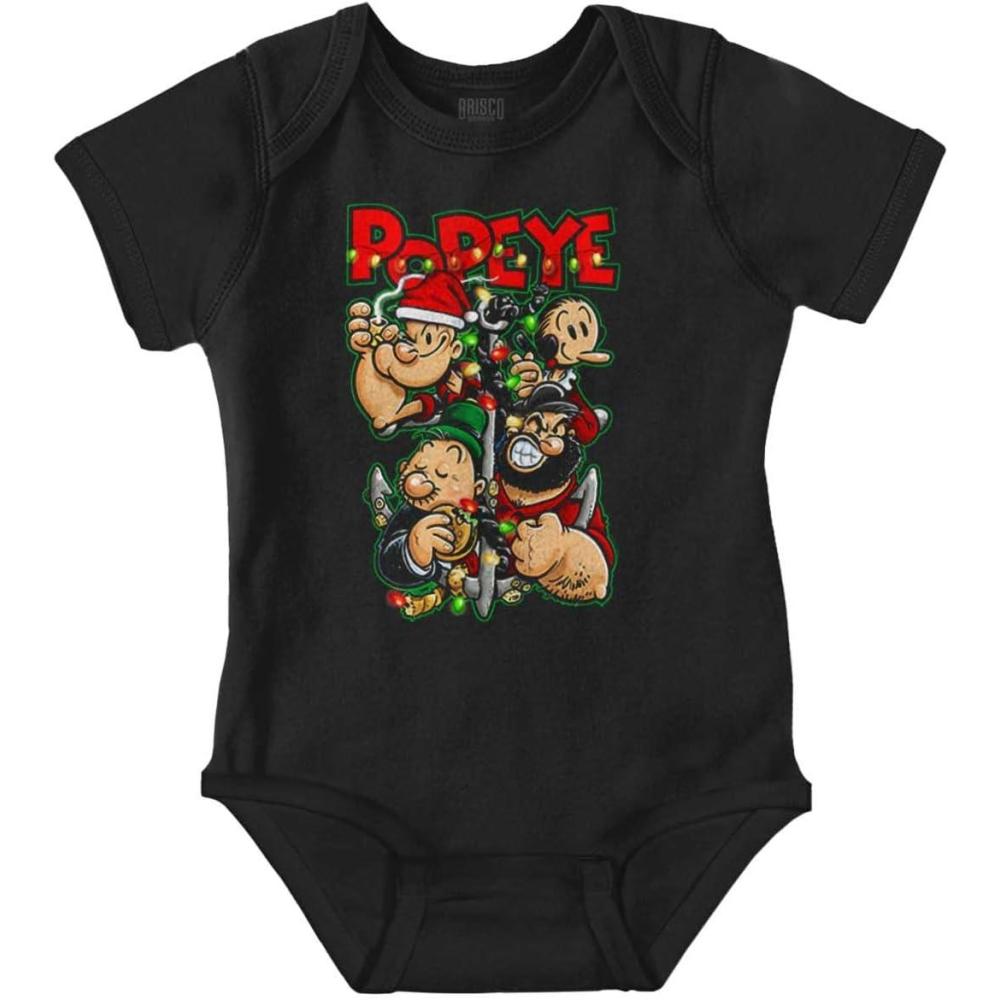 imageBrisco Brands Popeye Christmas Lights Crew Cartoon Baby Romper Boys or GirlsBlack