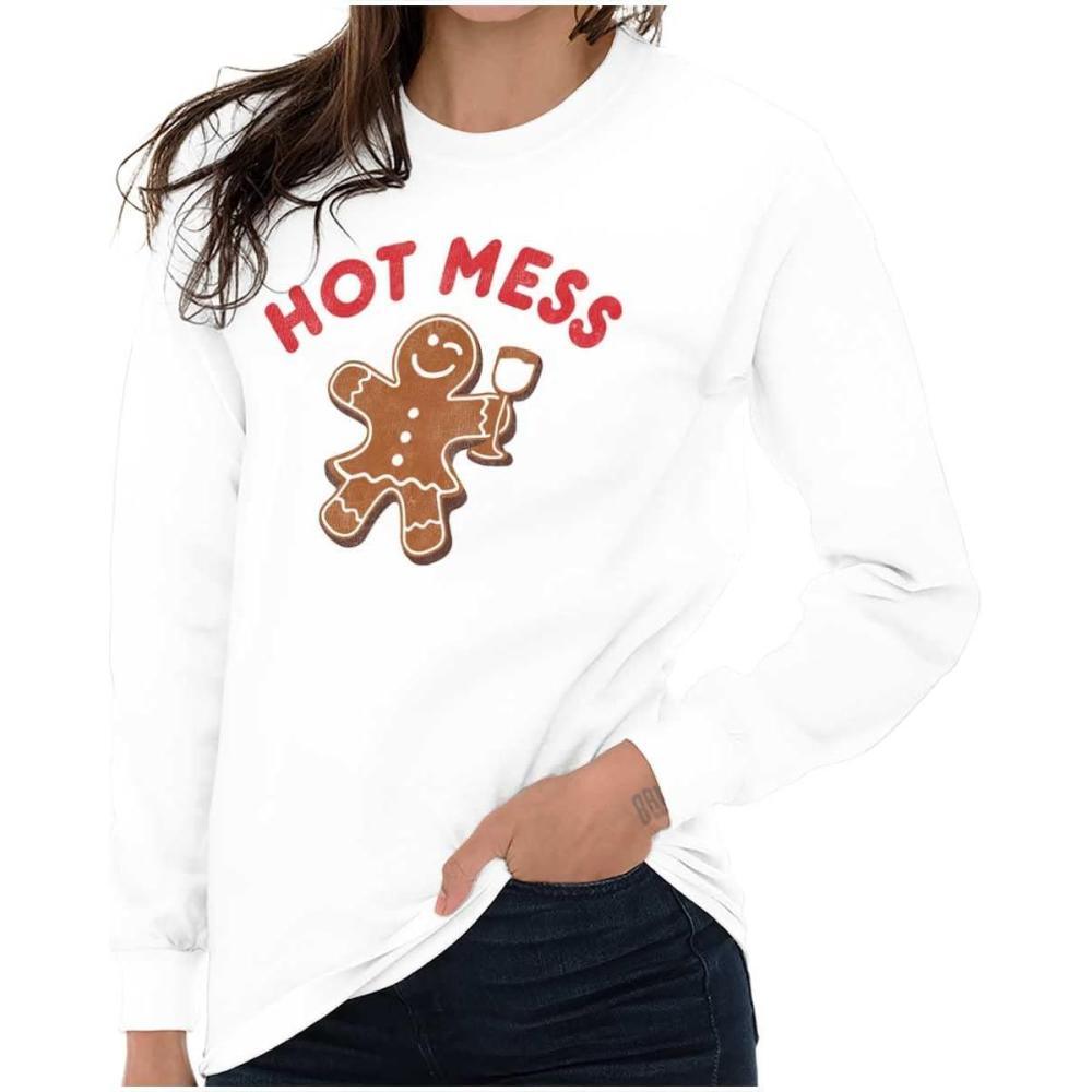 imageChristmas Wino Hot Mess Gingerbread Womens Long Sleeve T ShirtWhite