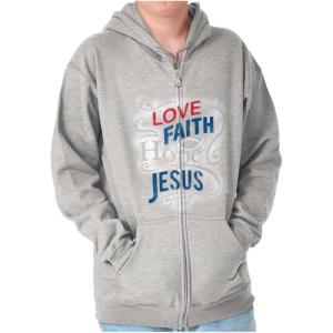 Brisco Brands Love Faith Hope Christian Belief Zip Up Hoodie Mens Womens(Sport Grey)