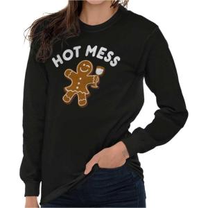 Christmas Wino Hot Mess Gingerbread Women’s Long Sleeve T Shirt(Black)