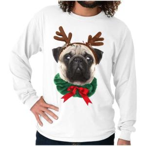 Classic Teaze Christmas Reindeer Pug Adorable Long Sleeve Tshirt Men Women(White)