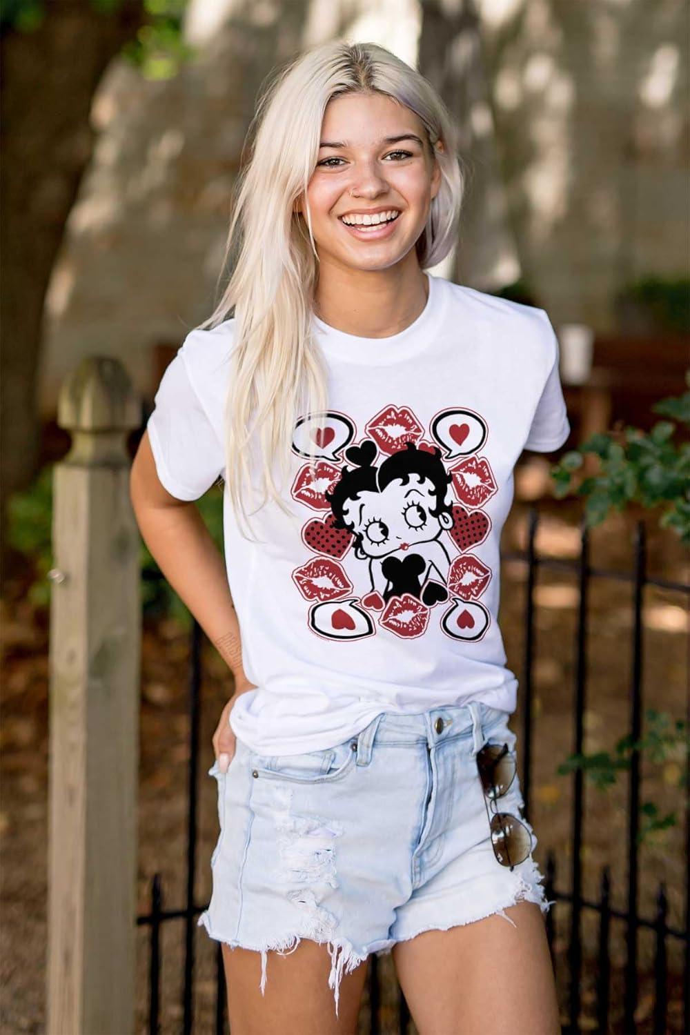 imageBetty Boop Cartoon Hearts and Kisses Womens Graphic T Shirt TeesWhite