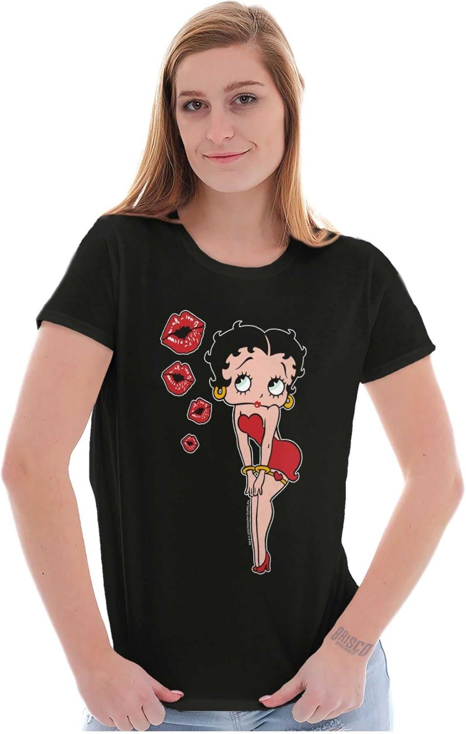 imageRetro Betty Boop Cartoon Kissy Lips Womens Slim Fit Graphic TeeBlack