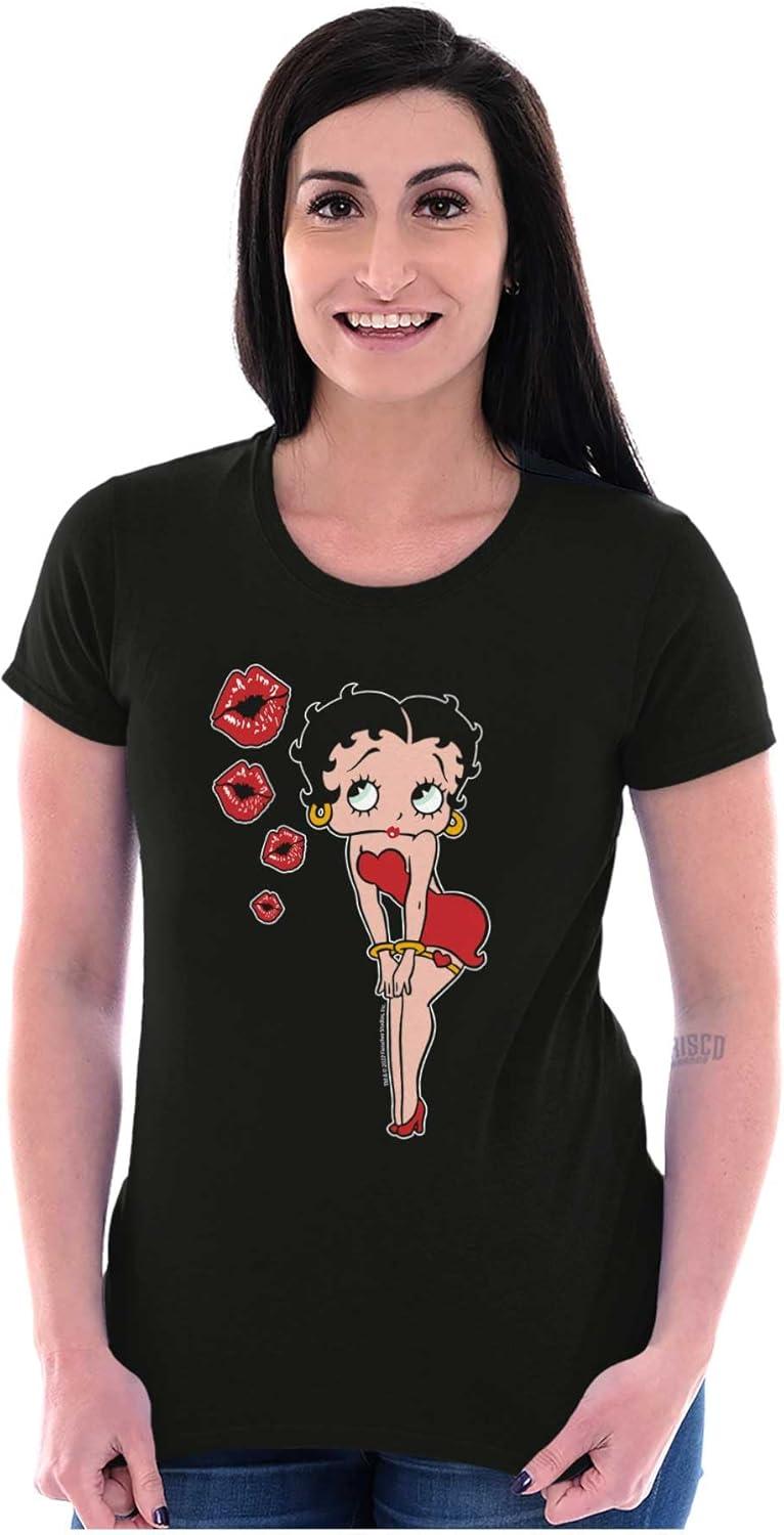 imageRetro Betty Boop Cartoon Kissy Lips Womens Slim Fit Graphic TeeBlack