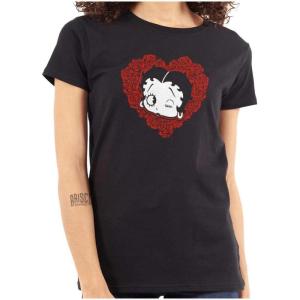 Betty Boop Heart Wink Blowing Kisses Womens Slim Fit Graphic Tee(Black)