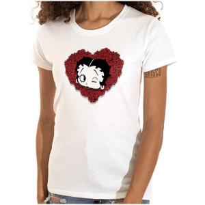 Betty Boop Heart Wink Blowing Kisses Womens Slim Fit Graphic Tee(White)