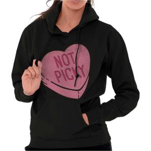 Brisco Brands Not Picky Candy Heart Valentines Day Hoodie Sweatshirt Women(Black)